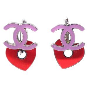Chanel CC Heart Silver Dangle Piercing Earrings